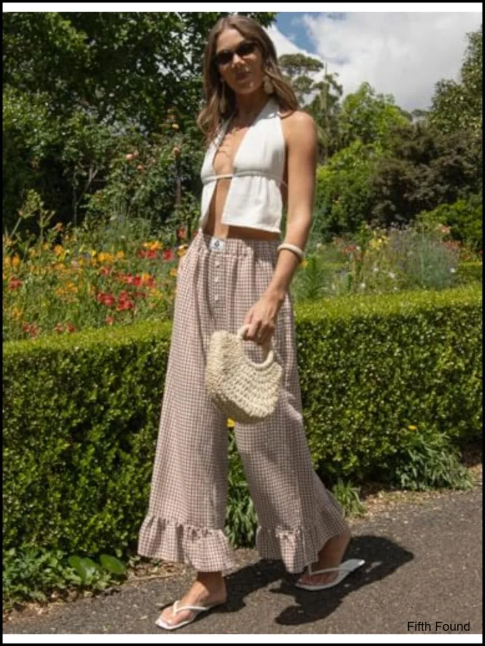 Plaid Wide Leg Pants Ruffle Hem Drawstring Palazzo with Pockets